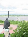 A statue of Ilya Muromets overlooking the Oka River. Photo.